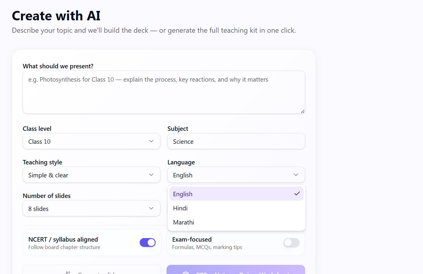 Create with AI form showing class level, subject, teaching style and language selector with English, Hindi, and Marathi options