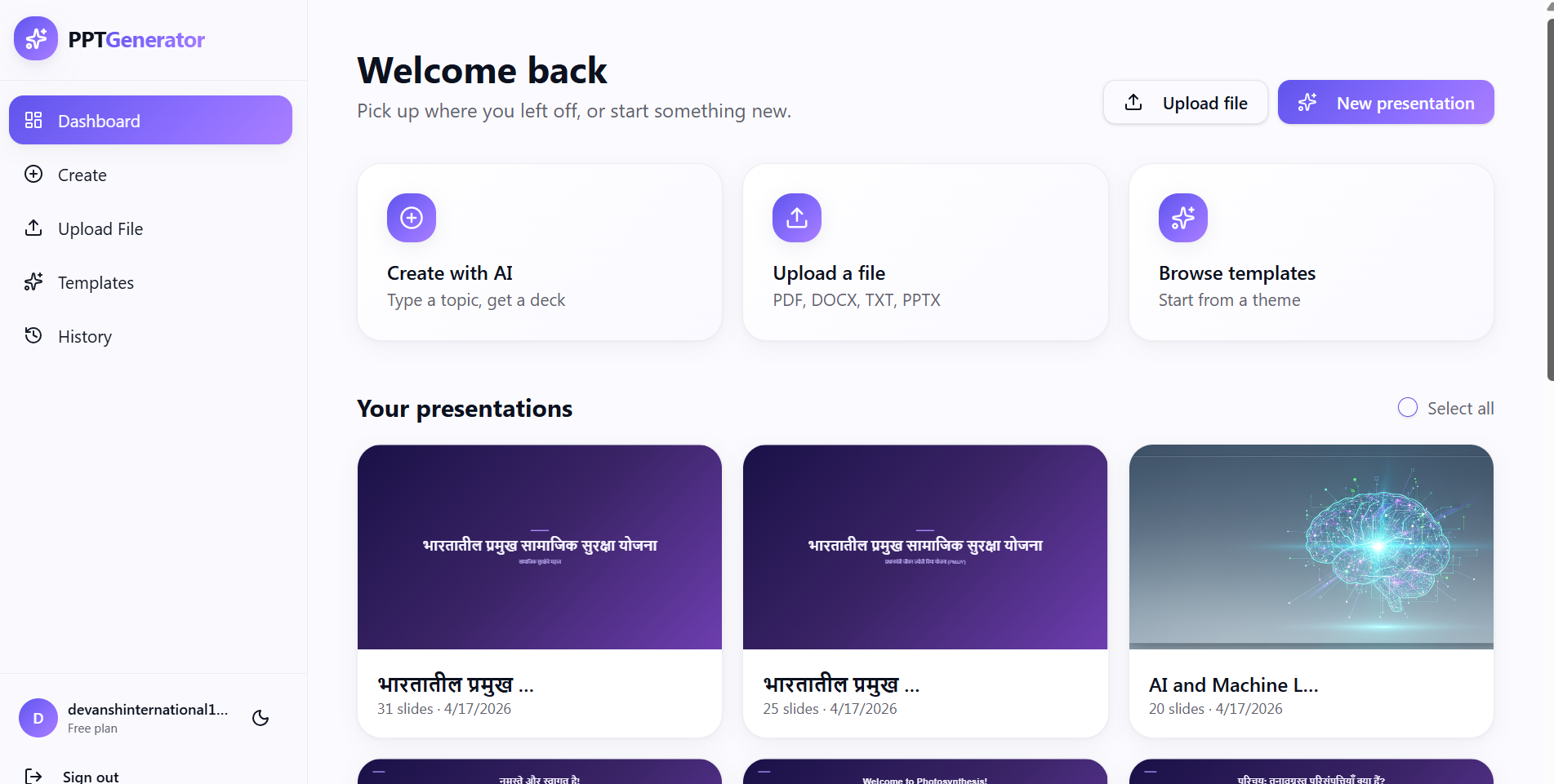 PPTGenerator dashboard showing Create with AI, Upload file, Browse templates, and recent presentations including Marathi and English decks